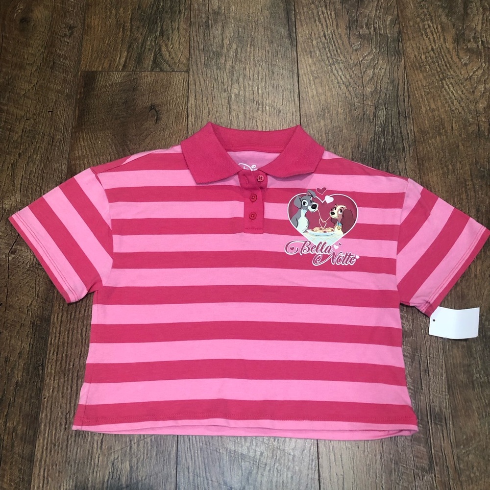 Disney Lady & The Tramp Pink Striped Cropped Polo Shirt Girls XS